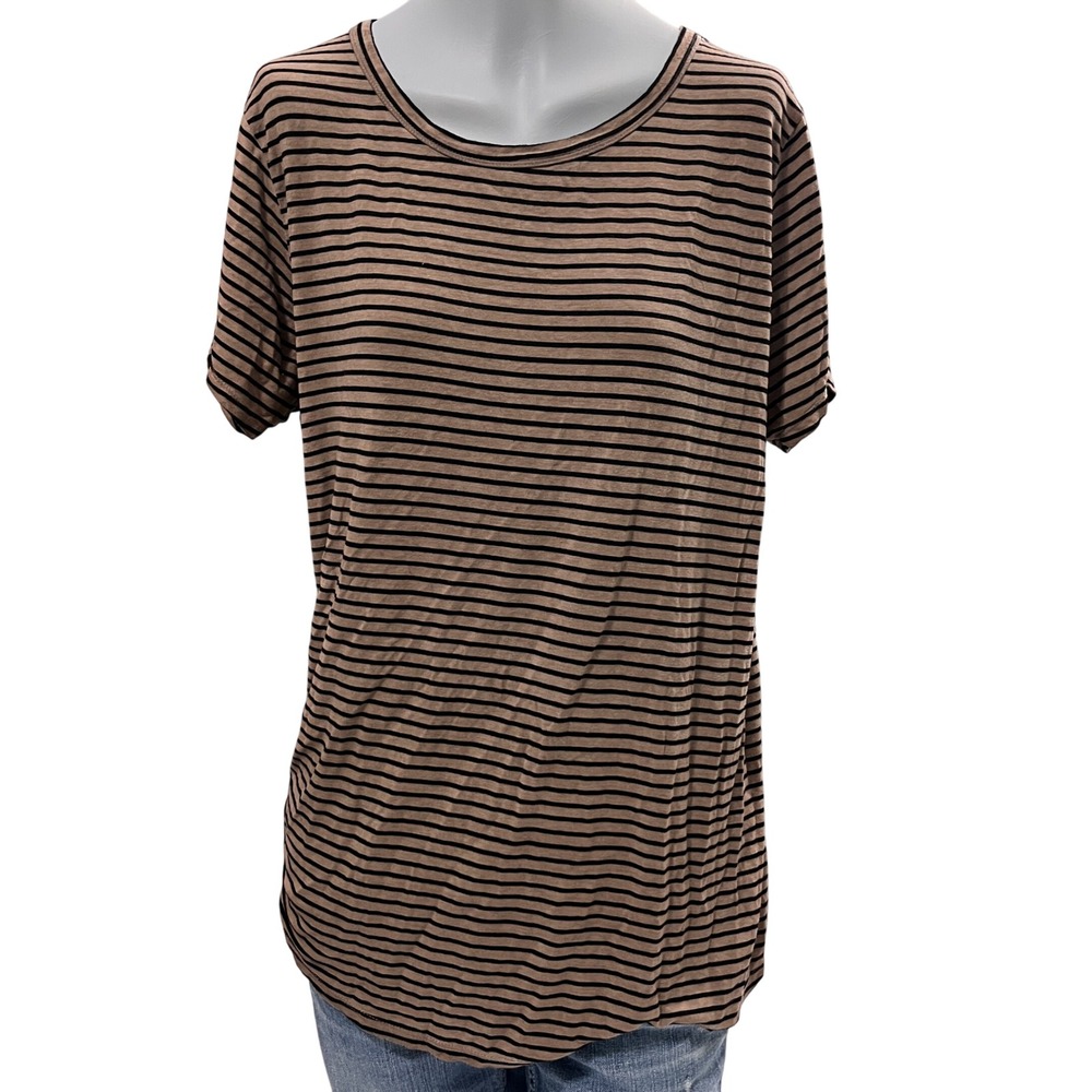 DEAR JOHN Striped Knit Casual T Shirt Top Womens Tan Black short sleeve